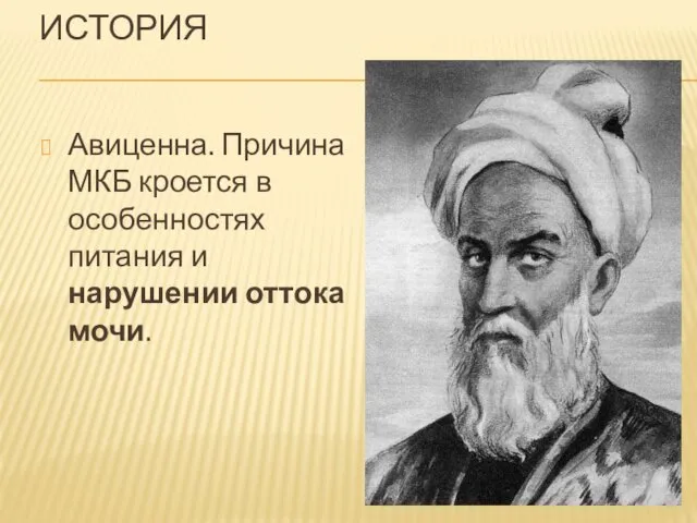 ИСТОРИЯ Авиценна. Причина МКБ кроется в особенностях питания и нарушении оттока мочи.