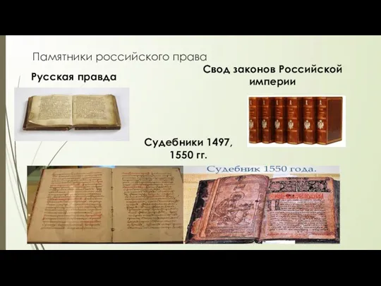 Памятники российского права Русская правда Судебники 1497, 1550 гг. Свод законов Российской империи