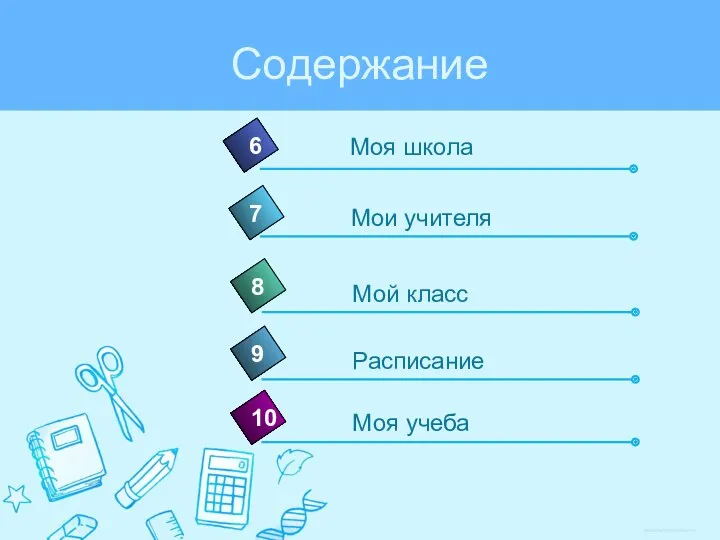 Содержание 9 Моя школа 6 7 8 10 Мои учителя Мой класс Расписание Моя учеба