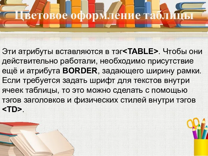 Цветовое оформление таблицы Эти атрибуты вставляются в тэг . Чтобы