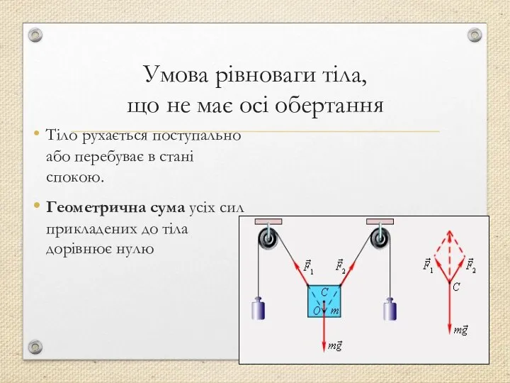 Умова рівноваги тіла, що не має осі обертання Тіло рухається