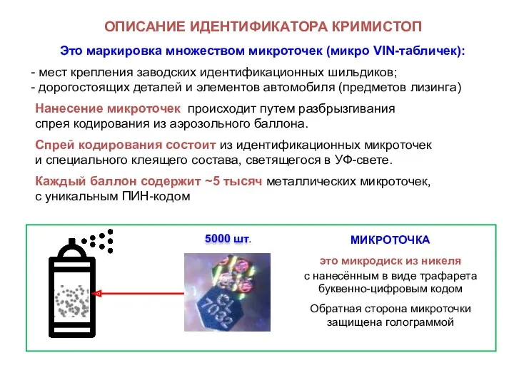 ОПИСАНИЕ ИДЕНТИФИКАТОРА КРИМИСТОП Это маркировка множеством микроточек (микро VIN-табличек): мест