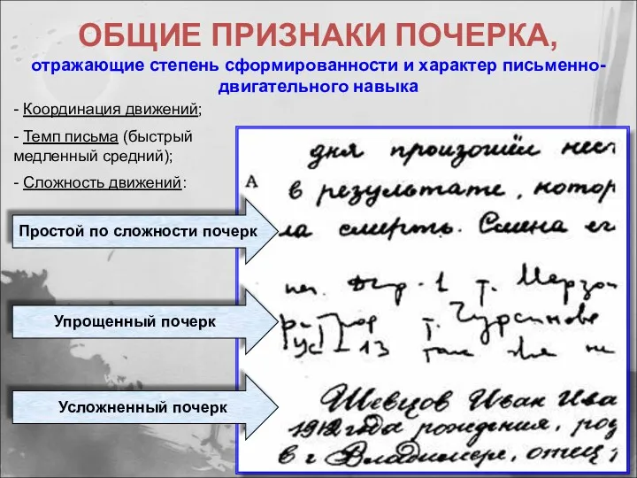 ОБЩИЕ ПРИЗНАКИ ПОЧЕРКА, отражающие степень сформированности и характер письменно-двигательного навыка