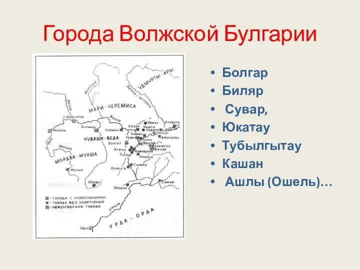 Города Волжской Булгарии Болгар Биляр Сувар, Юкатау Тубылгытау Кашан Ашлы (Ошель)…