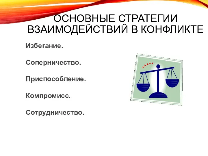 ОСНОВНЫЕ СТРАТЕГИИ ВЗАИМОДЕЙСТВИЙ В КОНФЛИКТЕ Избегание. Соперничество. Приспособление. Компромисс. Сотрудничество.