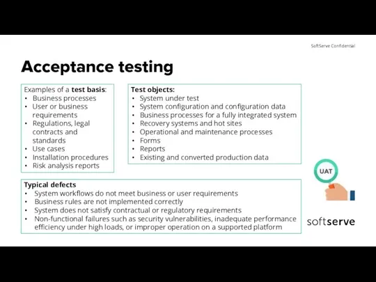 Acceptance testing Examples of a test basis: Business processes User