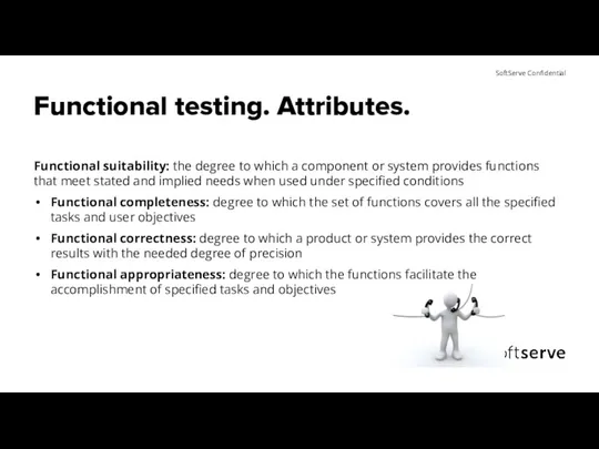 Functional testing. Attributes. Functional suitability: the degree to which a