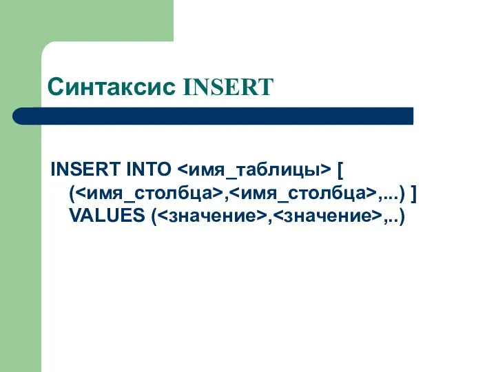 Синтаксис INSERT INSERT INTO [ ( , ,...) ] VALUES ( , ,..)