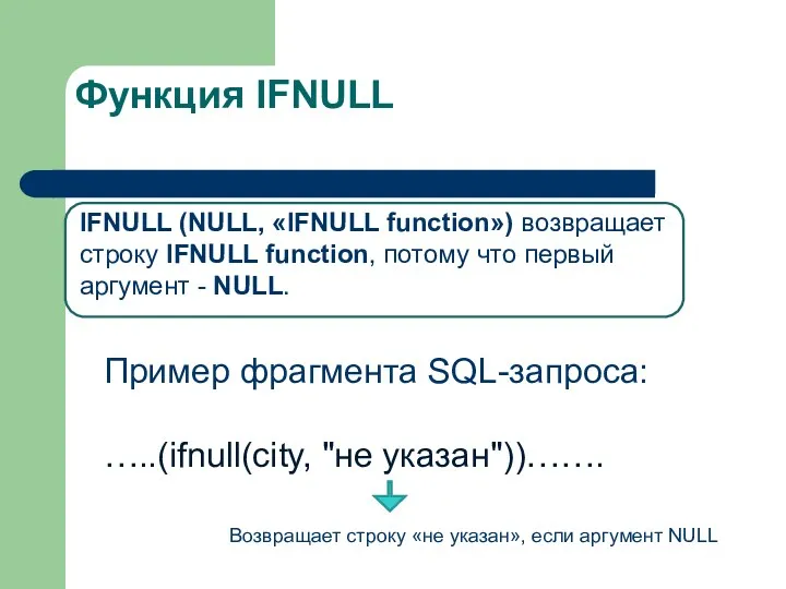 Функция IFNULL IFNULL (NULL, «IFNULL function») возвращает строку IFNULL function,