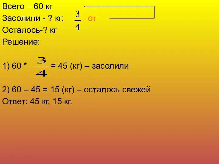 Всего – 60 кг Засолили - ? кг; от Осталось-?