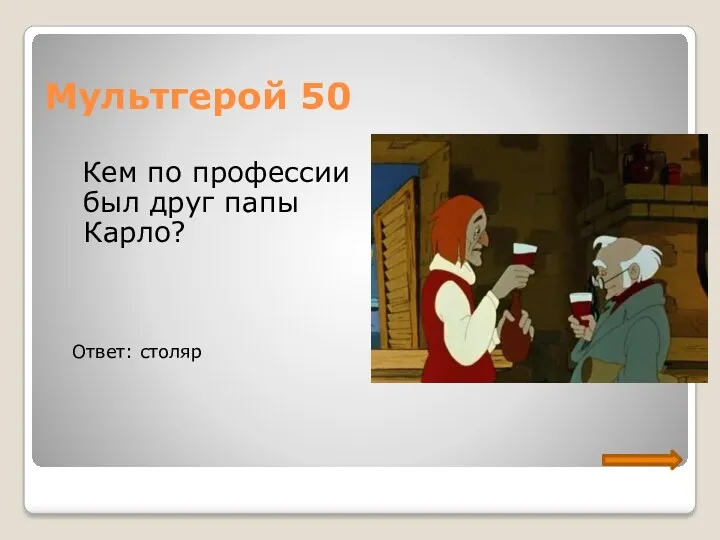 Мультгерой 50 Кем по профессии был друг папы Карло? Ответ: столяр