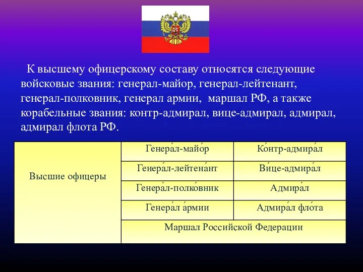 К высшему офицерскому составу относятся следующие войсковые звания: генерал-майор, генерал-лейтенант,