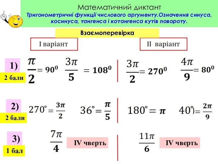 Математичний диктант Тригонометричні функції числового аргументу.Означення синуса, косинуса, тангенса і