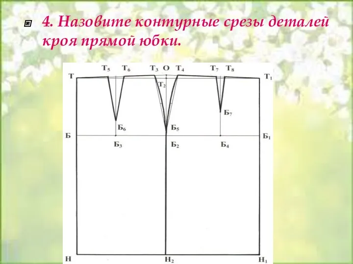 4. Назовите контурные срезы деталей кроя прямой юбки.