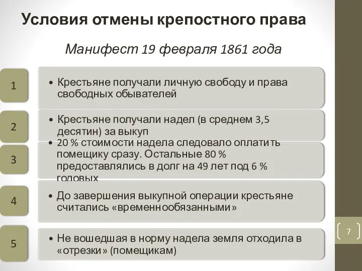 Условия отмены крепостного права Манифест 19 февраля 1861 года