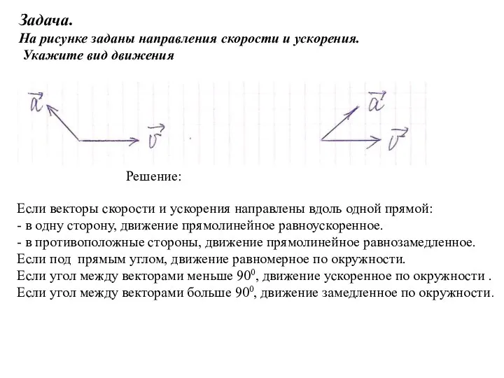 Задача. На рисунке заданы направления скорости и ускорения. Укажите вид