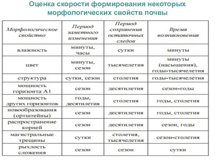 Оценка скорости формирования некоторых морфологических свойств почвы ы