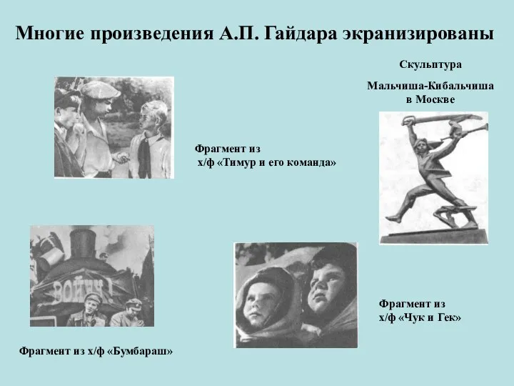 Многие произведения А.П. Гайдара экранизированы Скульптура Мальчиша-Кибальчиша в Москве Фрагмент из х/ф «Бумбараш»