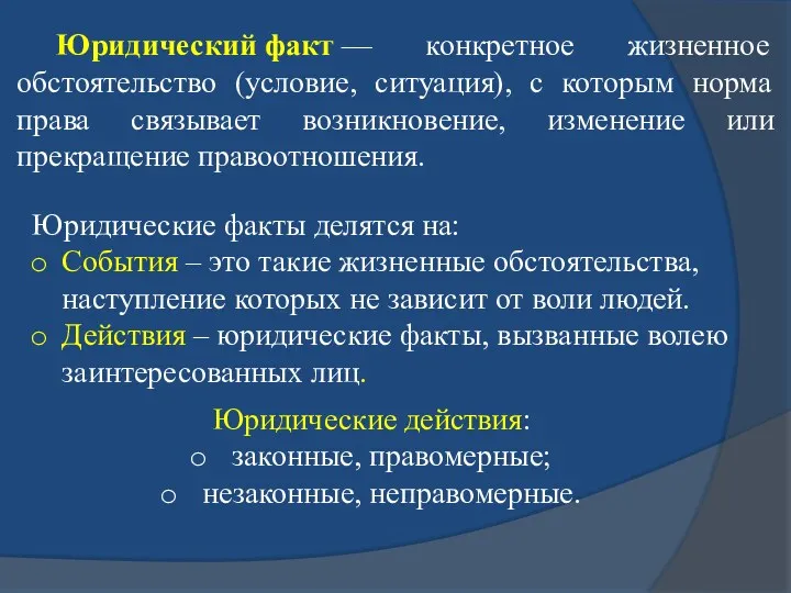 Юридический факт — конкретное жизненное обстоятельство (условие, ситуация), с которым