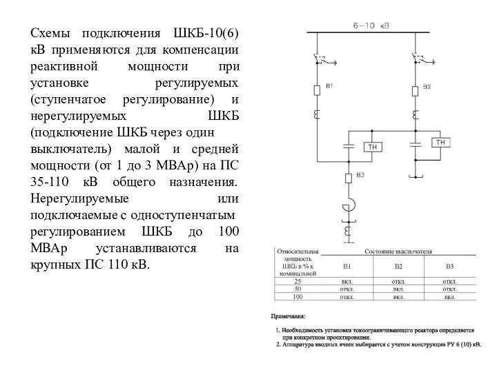 Схемы подключения ШКБ-10(6) кВ применяются для компенсации реактивной мощности при