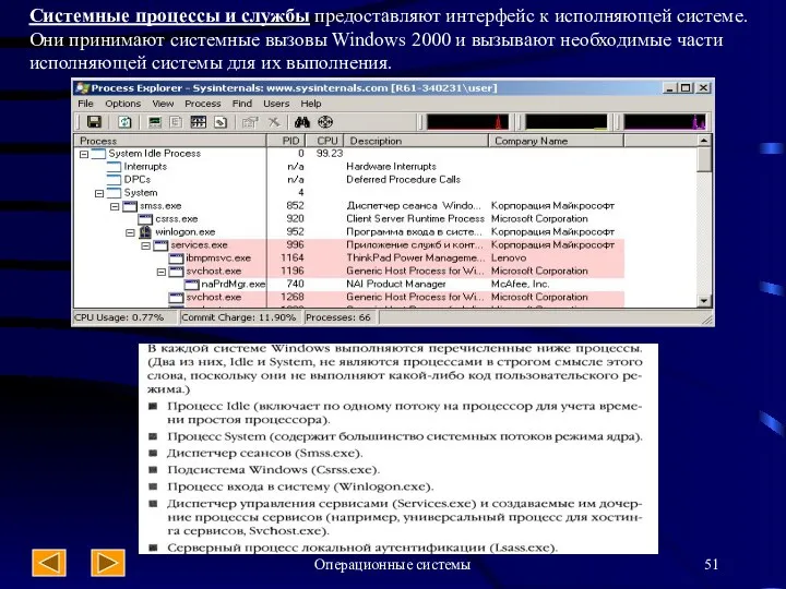 Операционные системы Системные процессы и службы предоставляют интерфейс к исполняющей