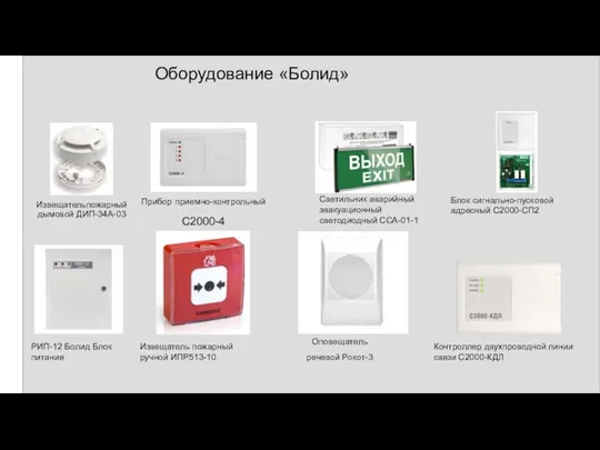 Оборудование «Болид» Извещательпожарный дымовой ДИП-34А-03 Прибор приемно-контрольный С2000-4 РИП-12 Болид Блок питания Извещатель