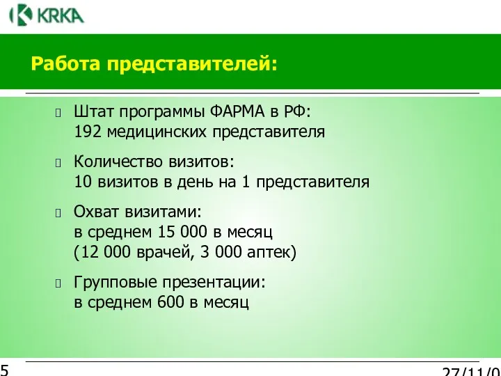 27/11/03 Работа представителей: Штат программы ФАРМА в РФ: 192 медицинских