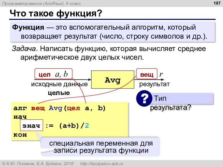 Что такое функция? Функция — это вспомогательный алгоритм, который возвращает