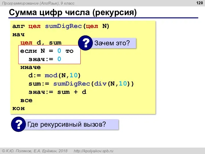 Сумма цифр числа (рекурсия) алг цел sumDigRec(цел N) нач цел