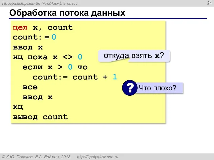 Обработка потока данных цел x, count count: = 0 ввод