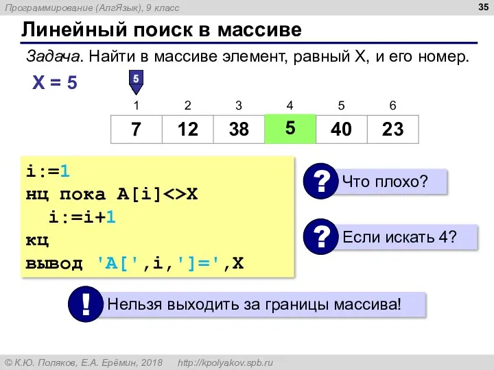 Линейный поиск в массиве Задача. Найти в массиве элемент, равный