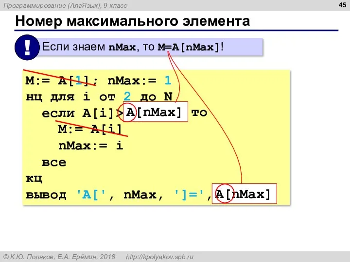 Номер максимального элемента M:= A[1]; nMax:= 1 нц для i