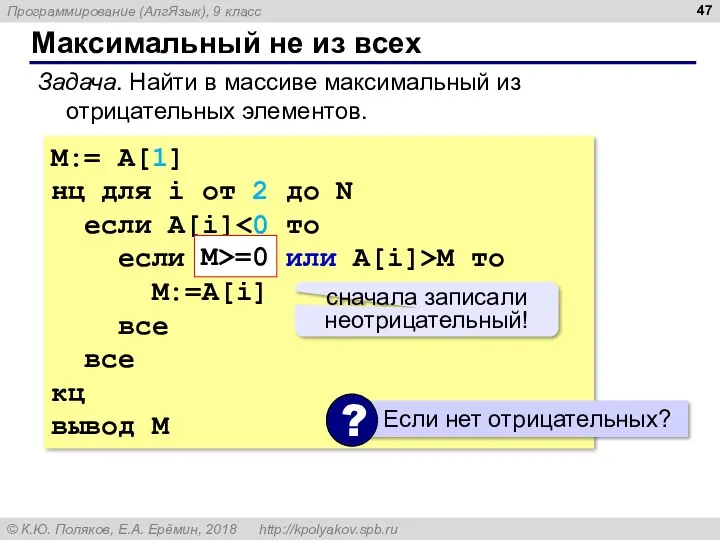 Максимальный не из всех Задача. Найти в массиве максимальный из