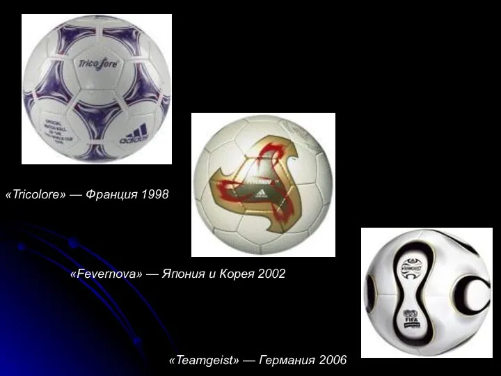 «Tricolore» — Франция 1998 «Fevernova» — Япония и Корея 2002 «Teamgeist» — Германия 2006