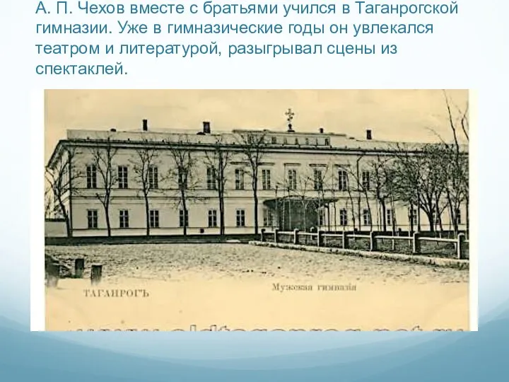 А. П. Чехов вместе с братьями учился в Таганрогской гимназии. Уже в гимназические