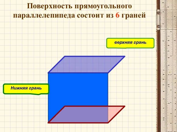 Нижняя грань верхняя грань Поверхность прямоугольного параллелепипеда состоит из 6 граней