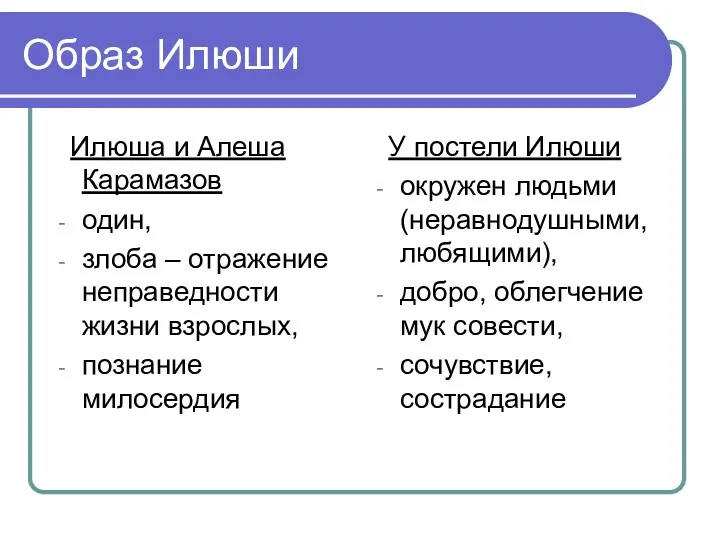 Образ Илюши Илюша и Алеша Карамазов один, злоба – отражение