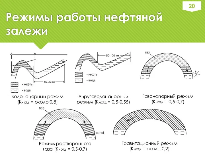 Режимы работы нефтяной залежи Водонапорный режим (Кнотд = около 0,8)