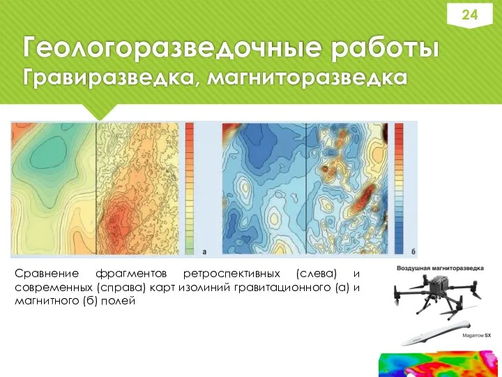 Геологоразведочные работы Гравиразведка, магниторазведка Сравнение фрагментов ретроспективных (слева) и современных