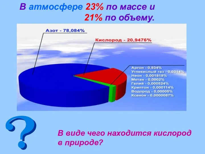 В атмосфере 23% по массе и 21% по объему. В виде чего находится кислород в природе?