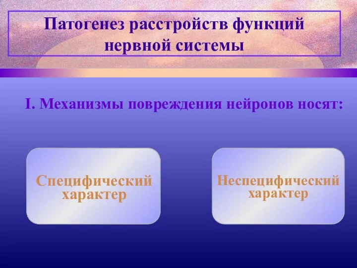 I. Механизмы повреждения нейронов носят: Патогенез расстройств функций нервной системы Специфический характер Неспецифический характер