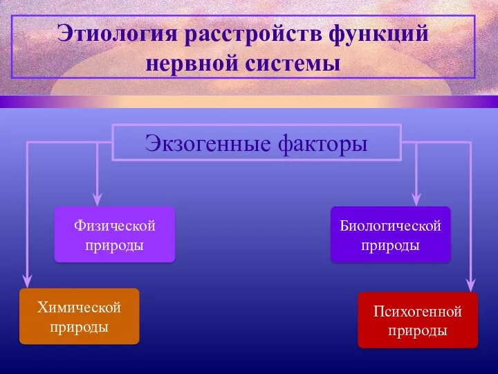 Этиология расстройств функций нервной системы Экзогенные факторы Физической природы Химической природы Биологическойприроды Психогенной природы