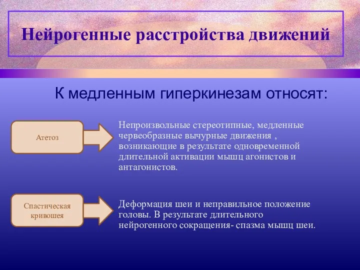 Нейрогенные расстройства движений К медленным гиперкинезам относят: Непроизвольные стереотипные, медленные