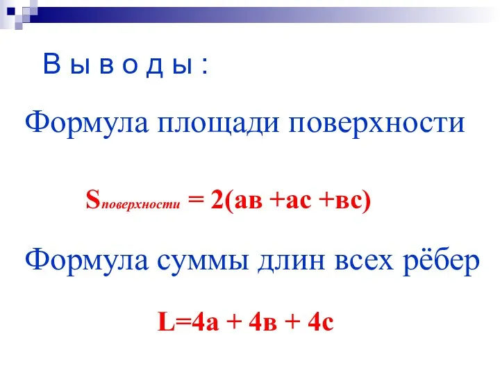 В ы в о д ы : Формула площади поверхности