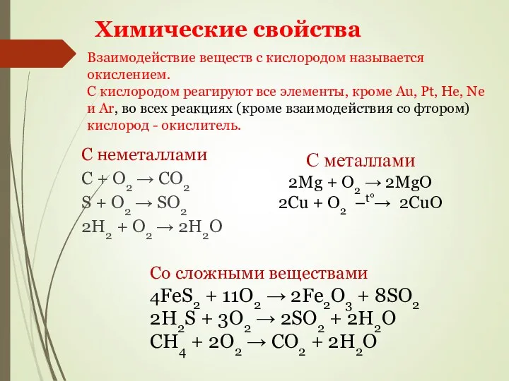 Взаимодействие веществ с кислородом называется окислением. С кислородом реагируют все