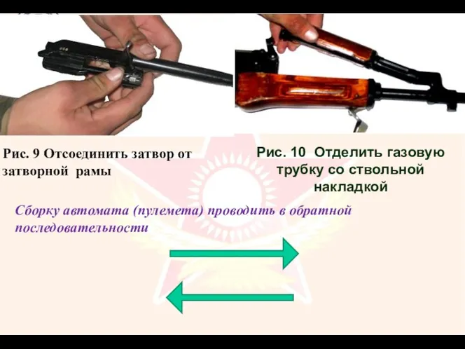 Рис. 9 Отсоединить затвор от затворной рамы Сборку автомата (пулемета)