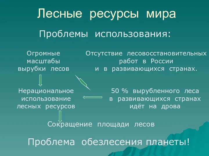 Лесные ресурсы мира Сокращение площади лесов Нерациональное использование лесных ресурсов