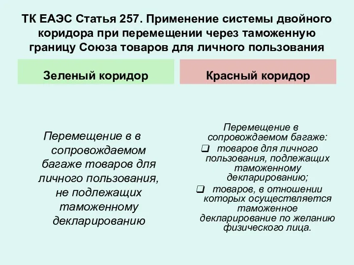 ТК ЕАЭС Статья 257. Применение системы двойного коридора при перемещении