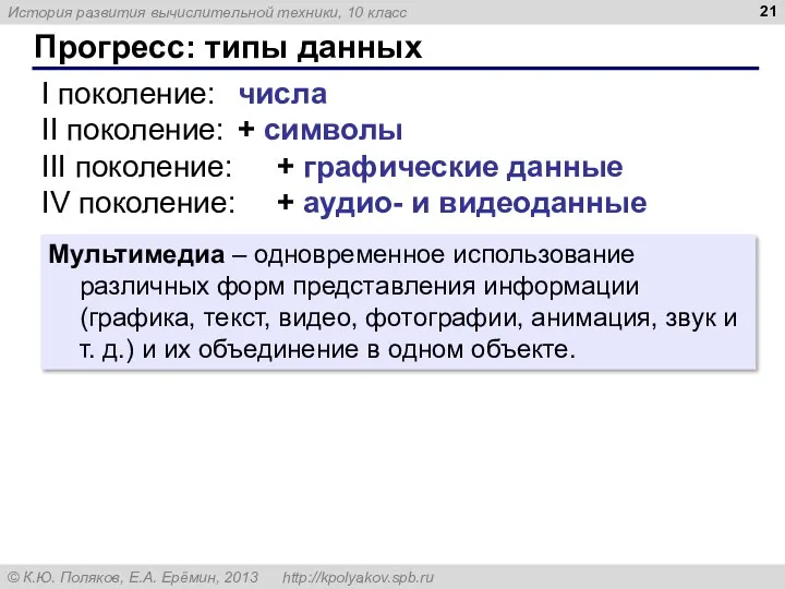 Прогресс: типы данных I поколение: числа II поколение: + символы