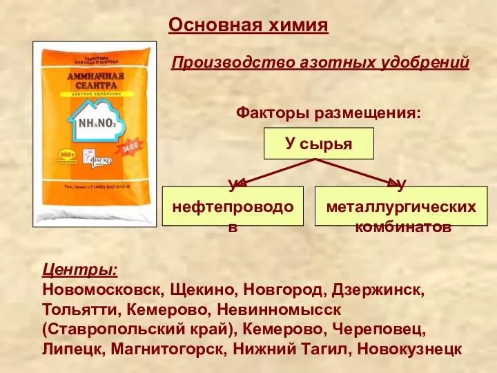 Основная химия Производство азотных удобрений Факторы размещения: У сырья У